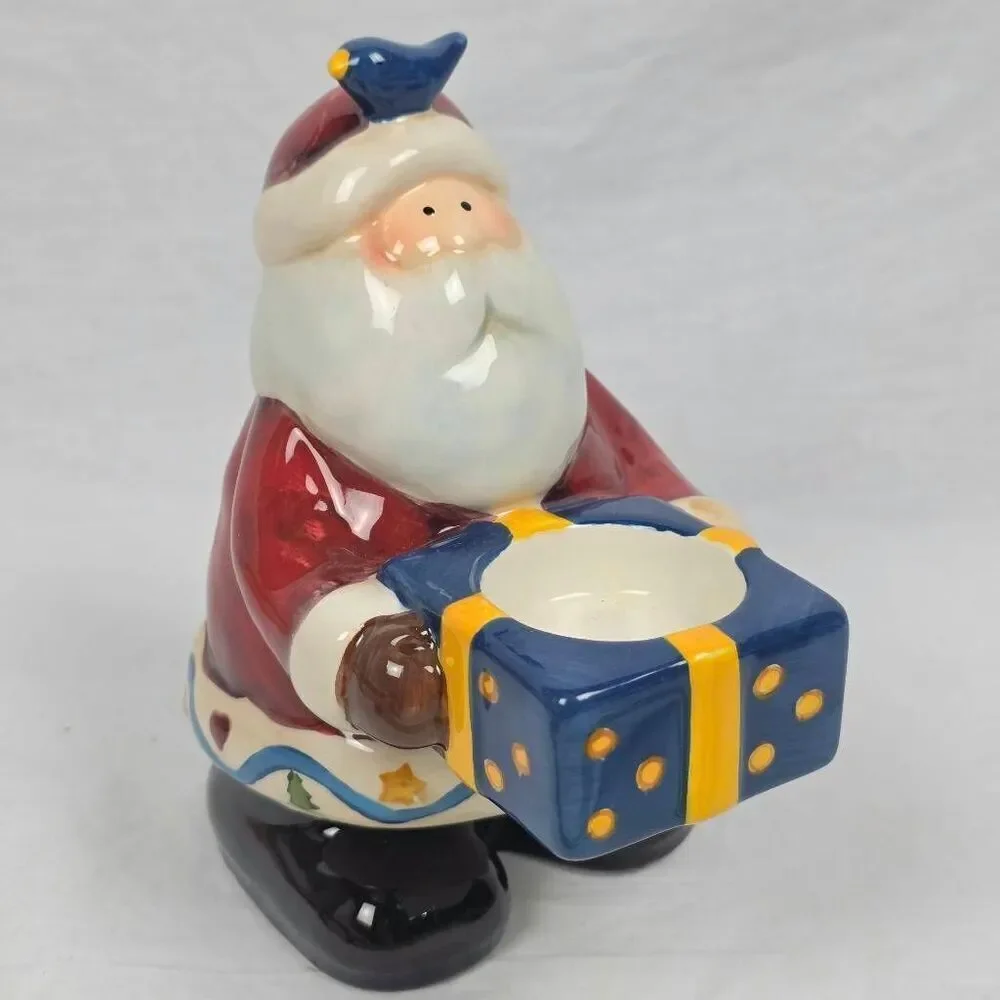Santa Ceramic Tealight Holder with Gift Box 6” Decor